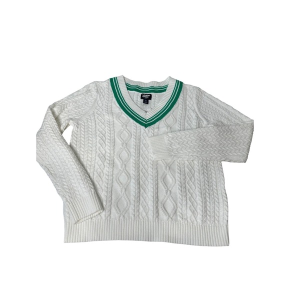 Lands' End Sweaters - New Lands End Cricket Sweater Size M White Green Cable Knit V Neck Preppy